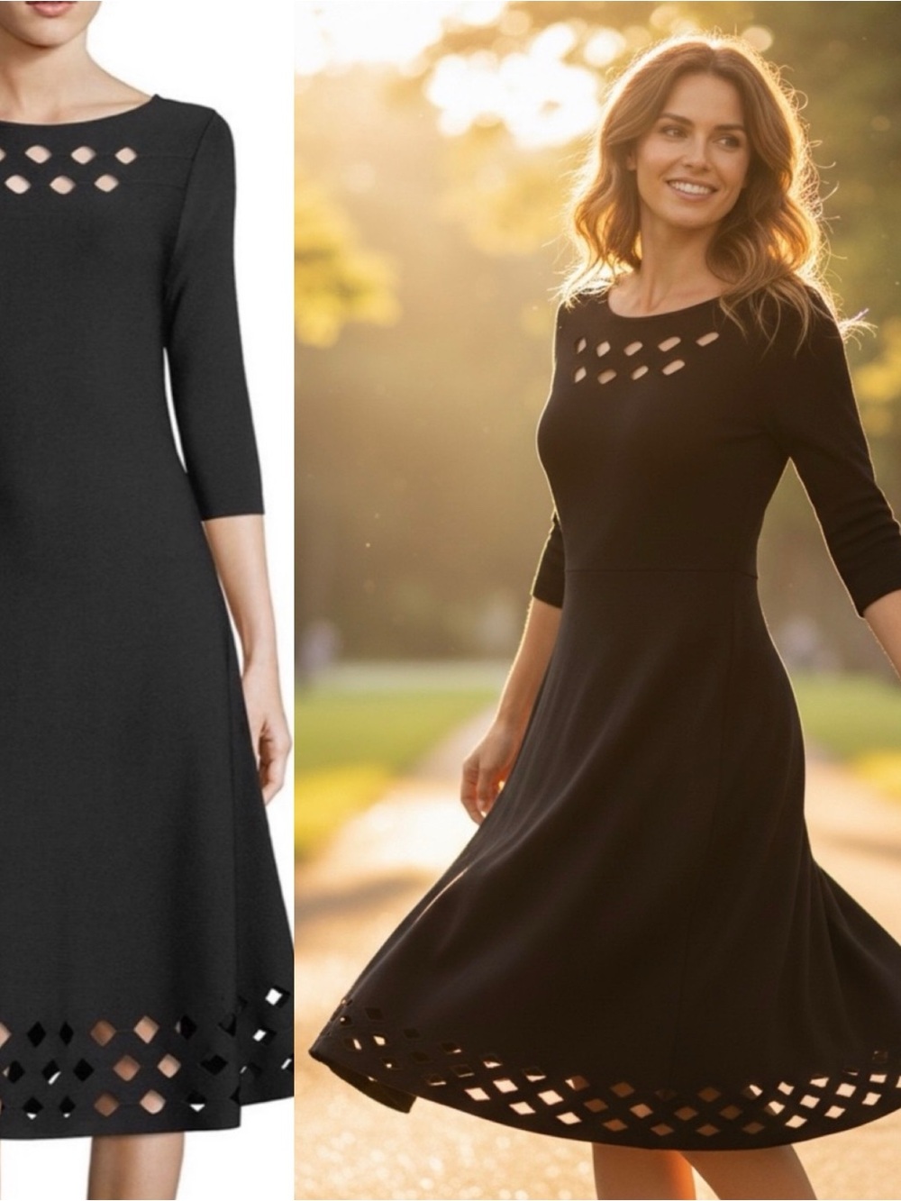 NIC & ZOE Time Out Twirl Black Onyx Fit & Flare Midi 3/4 Sleeve Dress Medium